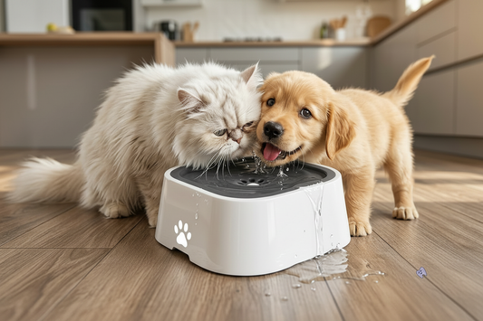Bebedero ScoobyPaws con gato persa y cachorro golden